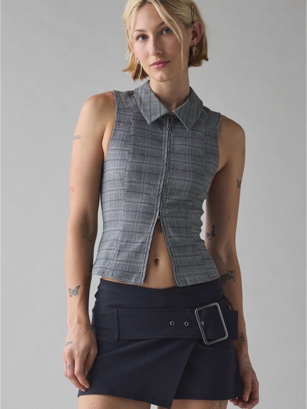 BDG Ledia Gray Plaid Sleeveless Zip-Front Collared Tank